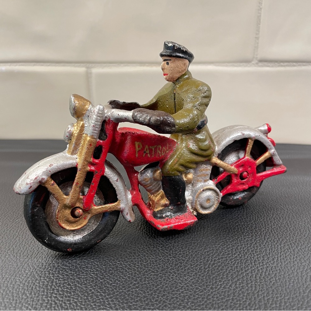 Cast Iron Motorcycle Patrol Figure Vintage Die Cast Biker Toy Hubley Replica